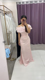 Gentle Pink Mermaid Off the Shoulder Organza Satin Prom Dress Party Dress with Slit HZ1023