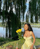 Simple A Line Spaghetti Strap Light Yellow Satin Long Prom Dress Evening Dress HZ1023