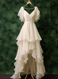 Classic A Line V Neck White Ruffle Chiffon Prom Dress Party Dress HZ1023