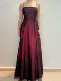 Vintage A Line Spaghetti Strap Beaded Black Chiffon Burgundy Satin Prom Dress Graduation Prom Dress HZ1023