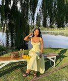 Simple A Line Spaghetti Strap Light Yellow Satin Long Prom Dress Evening Dress HZ1023