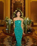 Gorgeous Sheath Strapless Bead Sequin Green Satin Long Sweep Party Dress with Slit HZ1023