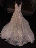 Dreamy A Line Spaghetti Strap Silver Sequin White Tulle Prom Dress Party Dress HZ1023