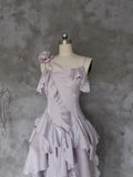 Purple A Line Spaghetti Straps Ruffles Satin Evening Dress Outfits HZ1023