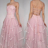 Pink Vintage A Line Spaghetti Straps Layered Tulle Prom Dress Party Dress HZ1023