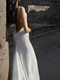 Elegant White Mermaid Spaghetti Straps Sequin Tulle Open Back Long Party Dress Date Dress HZ1023