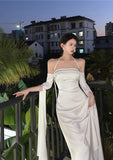 White Simple Clean A Line Halter Long Sleeve Satin Long Prom Dress Evening Dress HZ1023