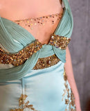 Gorgeous Sheath Strap Appliques Sequin Beaded Blue Satin Prom Dress Evening Dress HZ1023