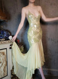 Gentle Green Mermaid Spaghetti Strap Sequin Chiffon Prom Dress Evening Dress HZ1023