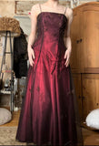 Vintage A Line Spaghetti Strap Beaded Black Chiffon Burgundy Satin Prom Dress Graduation Prom Dress HZ1023