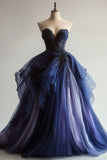 Stunning Ball Gown Sweetheart Neck Beaded Ombre Navy Blue Chiffon Prom Dress Evening Dress HZ1023