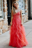 Coral A Line Sweetheart Neck Layered Tulle Long Wedding Guest Dress Evening Dress with Slit HZ1023