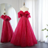 Rose red Off the Shoulder Sequin Rhinestone Tulle Long Ball Gown Prom Dress HZ1023
