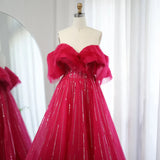 Rose red Off the Shoulder Sequin Rhinestone Tulle Long Ball Gown Prom Dress HZ1023