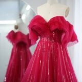Rose red Off the Shoulder Sequin Rhinestone Tulle Long Ball Gown Prom Dress HZ1023