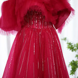 Rose red Off the Shoulder Sequin Rhinestone Tulle Long Ball Gown Prom Dress HZ1023