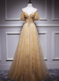 Light Champagne Lace Straps Sweetheart Long Party Dress, A-line Floor Length Prom Dress HZ1023