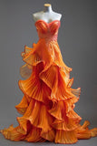 Orange A Line Sweetheart Neck Beaded Ruffle Tulle Prom Dress Graduation Prom Dress HZ1023