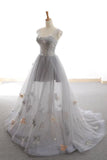 Gray A Line Sweetheart Appliques Tulle Long Prom Dress Evening Dress HZ1023