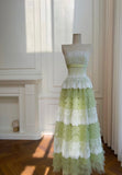 Gentle A Line Strapless Tiered White Lace Green Tulle Long Party Dress Evening Dress HZ1023