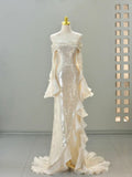 Elegant Sheath Long Sleeve Ivory Chiffon Ruffle Sequin Prom Dress Graduation Prom Dress HZ1023