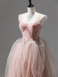 Pink A Line Straps Corset Tulle Long Prom Dress With Ruffles HZ1023