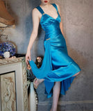 Elegant A Line Straps Blue Satin Party Dress Evening Dress HZ1023