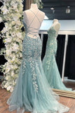 Elegant Mermaid V-neck Applique Tulle Long Ball Gown HZ1023