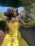 Yellow A Line Spaghetti Strap Corset Satin Long Prom Dress Evening Dress HZ1023