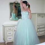 Cute A Line Sweetheart Neck Beaded Blue Satin Tulle Party Dress Evening Dress HZ1023