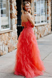 Coral A Line Sweetheart Neck Layered Tulle Long Wedding Guest Dress Evening Dress with Slit HZ1023