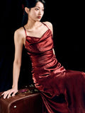 Charming Mermaid Spaghetti Strap Burgundy Satin Prom Dress Evening Dress HZ1023