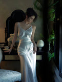 Simple White Mermaid Spaghetti Strap Satin Open Back Prom Dress Party Dress HZ1023