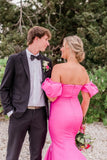 Elegant Mermaid Off-the-shoulder Hot Pink Satin Prom Dresses HZ1023