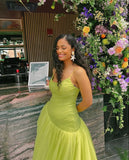 Cute A Line Spaghetti Strap Green Pleated Tulle Party Dress Evening Dress HZ1023