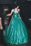 Gorgeous A Line Strapless Green Sequin Long Sweep Party Dress Evening Dress HZ1023