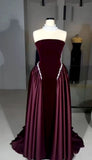 Classy A Line Strapless Pearl Dark Burgundy Velvet Satin Party Dress Wedding Guest Dress HZ1023