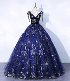 Navy Blue Spaghetti Straps Embroidery Tulle Long Prom Dress Formal Dress HZ1023