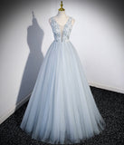 Elegant V Neck Blue Tulle Long Prom Dress Evening Dress Party Dress HZ1023