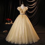 Yellow A Line V Neck Appliques Beaded Tulle Long Prom Dress Evening Dress HZ1023