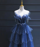 Dark Blue A Line Strapless Beaded Tulle Long Senior Prom Dress Evening Party Dress HZ1023