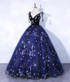 Navy Blue Spaghetti Straps Embroidery Tulle Long Prom Dress Formal Dress HZ1023