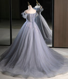 Gray A Line Off the Shoulder Appliques Tulle Long Prom Dress Evening Party Dress HZ1023