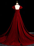 Burgundy A Line Beaded Velvet Long Prom Dress HZ1023