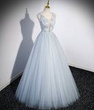 Elegant V Neck Blue Tulle Long Prom Dress Evening Dress Party Dress HZ1023