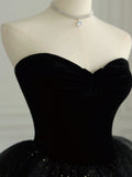 Black Strapless Layered Velvet Tulle Long Prom Dress Evening Dress HZ1023