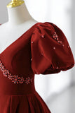Burgundy A Line Puff Sleeves Velvet Long Prom Dress Evening Dress HZ1023