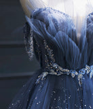 Dark Blue A Line Strapless Beaded Tulle Long Senior Prom Dress Evening Party Dress HZ1023