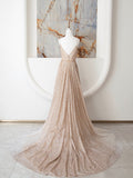 Champagne A Line Spaghetti Strap Sequins Long Prom Dress Evening Dress HZ1023