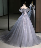 Gray A Line Off the Shoulder Appliques Tulle Long Prom Dress Evening Party Dress HZ1023